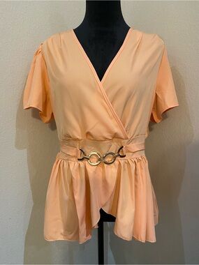 SHEIN Peach Wrap Peplum Blouse with Decorative Ring Belt